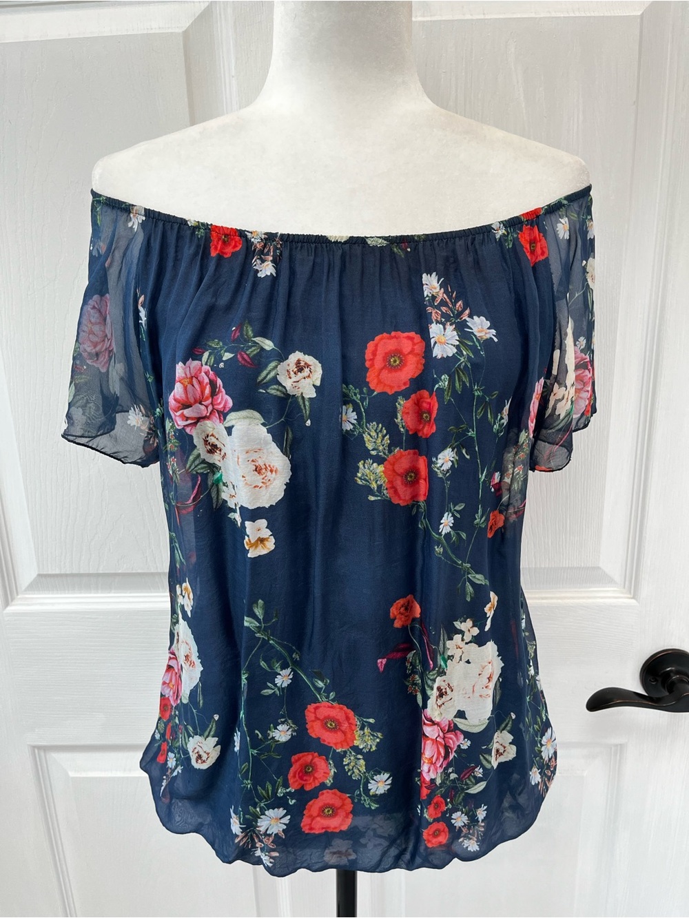 Viola Borghi Off Shoulder Silk Blend Floral Blouse Small Sheer Bubble Hem Italy